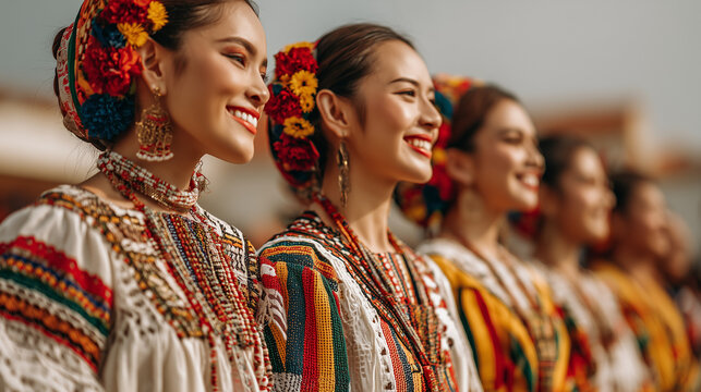 Flores de Mayo, Group of Filipina women in colorful traditional attire performing cultural presentation during Flores de Mayo festival