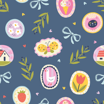 Cat seamless pattern on dark blue background with butterfly goose and tulip. Modern cartoon vector design in silly naive style for creative fabric textile and nursery decor. Cute wallpaper.