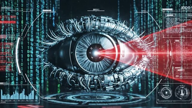 Futuristic eye with laser scanning and data visualization in a digital cyber environment