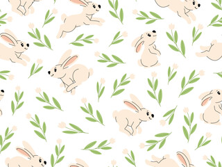 Obraz premium Spring floral pattern with cute bunnies and lilies of the valley. Delicate background with animals and flowers. Vector background.