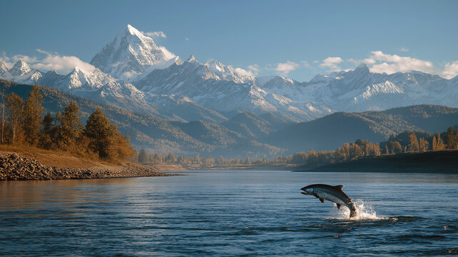 A powerful salmon leaps out of a calm river, creating a splash against the water surface, majestic snow capped mountains, autumn colored forests stretching across the background