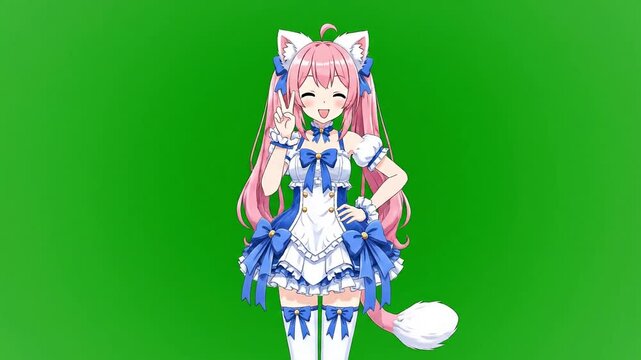 Cute Anime Cat Girl Character Waving and Posing on Green Screen.