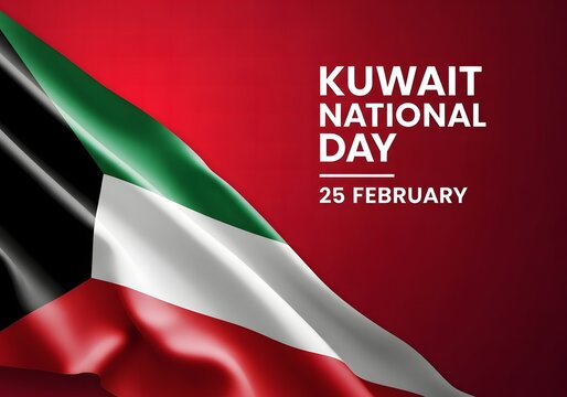 Kuwait National Day Celebration with Waving Flag on Red Background &ndash; 25 February
