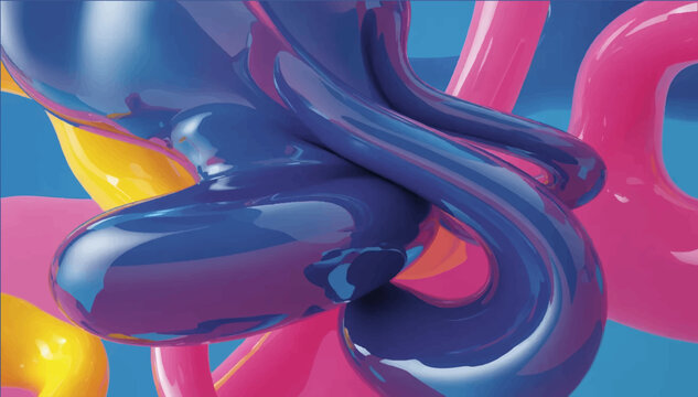 3D vector illustration of dynamic, smooth shapes made of molten plastic with a glossy effect on an abstract background.
