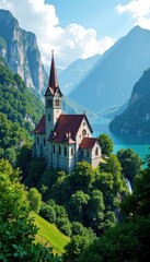 Fototapeta premium Cathedral nestled between two towering mountains, surrounded by lush greenery, church, scenery