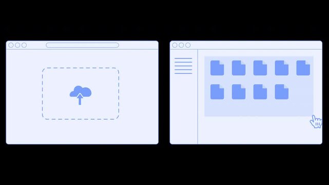 File upload to web motion graphic vector animation showing data transfer, cloud upload, progress flow, and digital connectivity for websites, apps, and online systems.