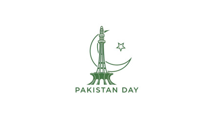 Pakistan day celebration logo with minar e pakistan monument crescent moon and star symbol on white background