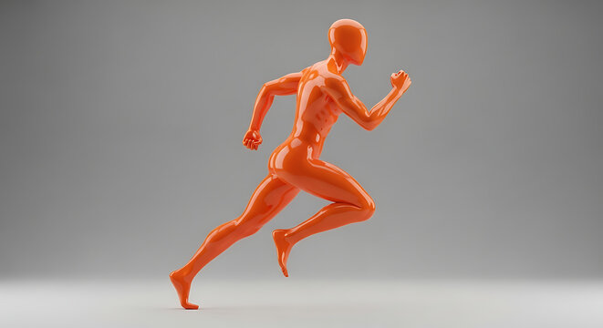 A vibrant orange glossy 3D rendered human figure captured in a dynamic running pose, symbolizing speed and athletic performance.