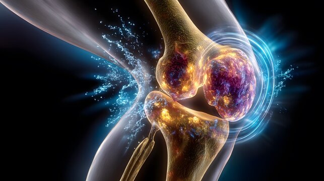 Digital illustration of a human knee joint with glowing inflammation and energy waves, highlighting arthritis or joint pain.