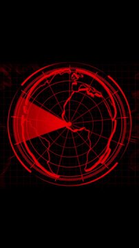 Red Radar Screen with Earth Map and Sector Scan display technology animated, Red Digital Radar Scanner Overlaying a World Map on animated Black Background, High-tech red radar reticule animation.