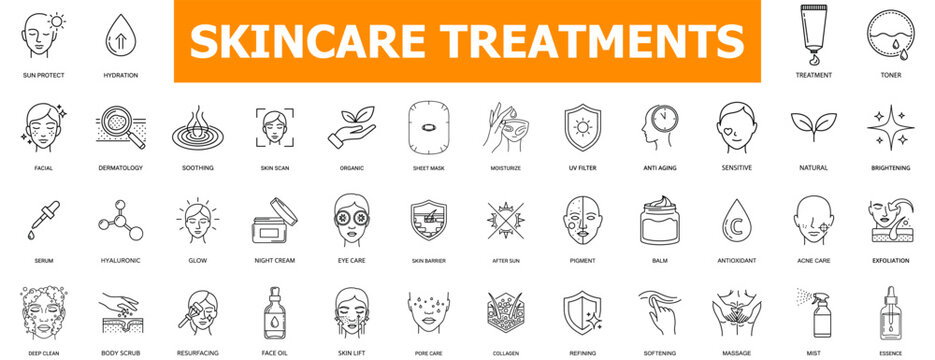 Modern line icon collection illustrating various skincare treatments, beauty routines, and dermatological procedures for healthy skin.
