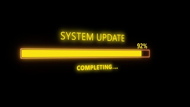 Pixel System Updating animation with progress bar. System Update Progress Indicator 100 Percent Complete. System Updating Progress Warning Message System Updated Alert on Screen.