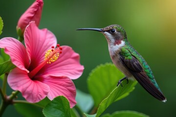 Fototapeta premium Close-up of hummingbird's face, surrounded by pink hibiscus and green leaves, flora, leafy greens