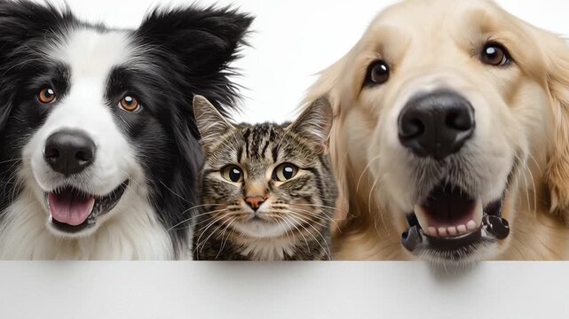 Friendly border collie, golden retriever, and tabby cat are posing together, portraying unity, domestic life, and the cherished bond shared between diverse household animal companions and pets