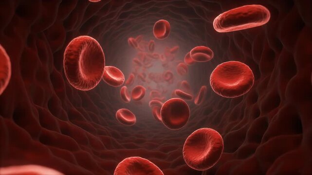 Red blood cells flowing through a vein in the human circulatory system, a 3D medical animation