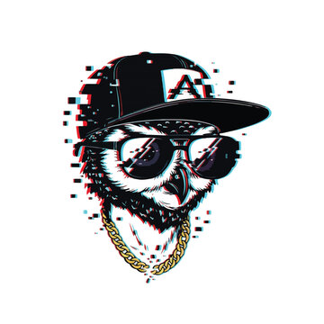 Stylish owl wearing sunglasses, a backwards baseball cap, and a gold chain, enhanced with a modern glitch effect. Hip-hop street art illustration.