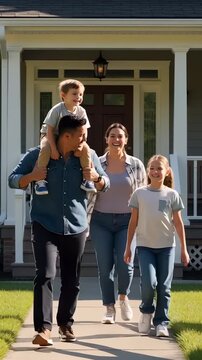 Happy family walking down front porch steps of a suburban home, with father carrying son on shoulders, illustrating joyful residential lifestyle
