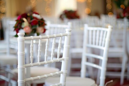 Elegant white chiavari chairs arranged in wedding reception hall, creating sophisticated ambiance