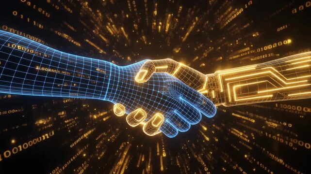 Smart Contract Handshake between Blue Digital Human and Golden AI Robot. Cyber Security Business Deal with Binary Code Burst