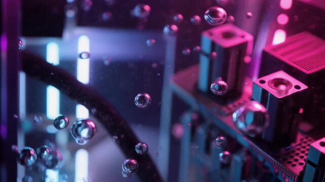 Two-Phase Immersion Cooling System with Boiling Dielectric Fluid Bubbles. Macro of Submerged Electronics in Neon Pink Light