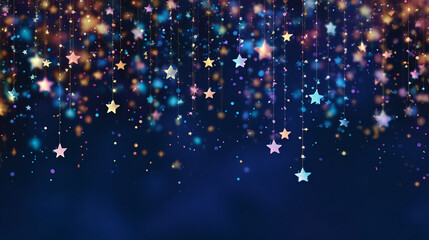A vibrant display of colorful stars cascading through a dark, whimsical sky, creating a magical atmosphere with shimmering trails of light and ethereal, glowing celestial patterns.
