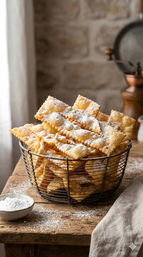 Crispy Italian Chiacchiere Carnival cookies with powdered sugar in a rustic wire basket.
