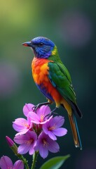 Obraz premium Colorful bird perched on blooming purple flowers, nature, flowers