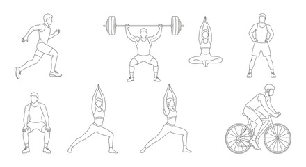 Obraz premium diverse line art illustrations of men and women actively engaged in sports and fitness activities perfect for healthy lifestyle icons and exercise graphics.