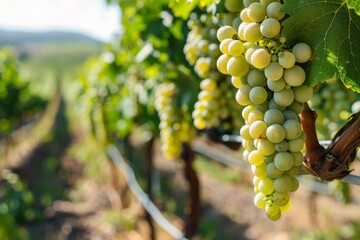 Obraz premium Ripe white grapes growing in vineyard, ready for harvest, on a sunny summer day