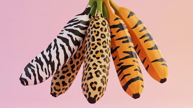 Surreal bananas with animal skin prints like zebra leopard and tiger stripes on pink.
