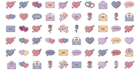 Valentine's Day Icons Hearts Envelopes Cupids Roses XOXO Love Messages letter