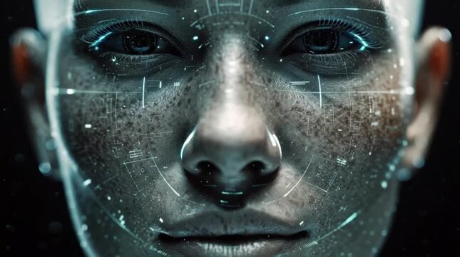 Biometric Face Recognition Concept, Extreme Close Up, Scanning Female Face with Digital HUD, High Tech AI Animation