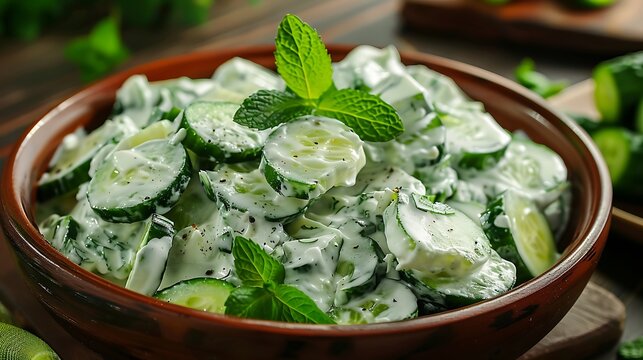 Creamy cucumber yogurt salad, perhaps tzatziki or raita, is garnished with bright green mint leaves.