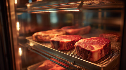 A dry-aging cabinet controls temperature and humidity, maturing steaks for weeks to enhance flavor, tenderness, and consumer appeal.
