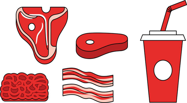 Red Meat and Fast Food Set Including Steak Ribs Minced Beef Bacon and Soda Drink, Flat Vector Illustration Isolated