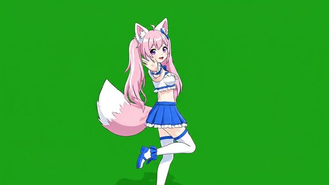 Cute Anime Fox Girl Dancing and Waving on Green Screen.