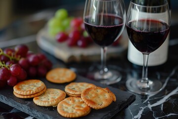 Obraz premium Two glasses of red wine are served with crackers and grapes on a marble table