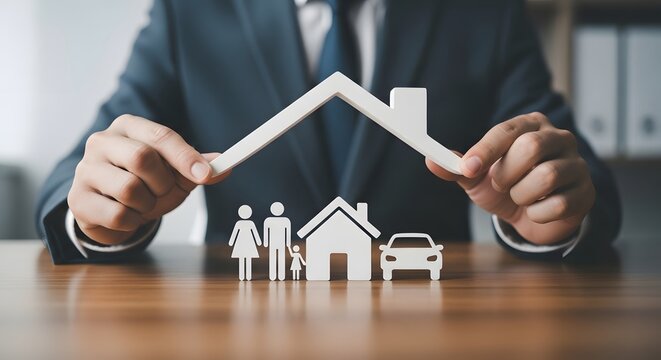 A businessman's hands form a protective roof over a family and car model, symbolizing robust home warranty and home insurance coverage. 