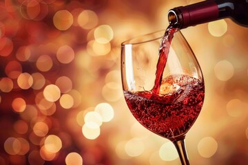 Obraz premium Red wine being poured into a glass with a golden bokeh background, creating a warm and inviting atmosphere