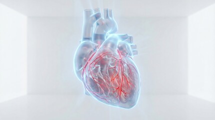 futuristic transparent human heart, glass anatomy style, semi transparent tissue, visible inner chambers and blood flow, glowing red veins, soft blue light accents, floating in clean white space