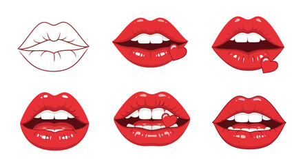 Obraz premium Set of six red glossy lips with various expressions and a line art outline.