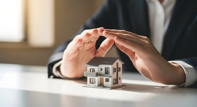 Hands tenderly protect a model house, a clear metaphor for the critical need for home insurance and home warranty solutions. This image conveys the security inh