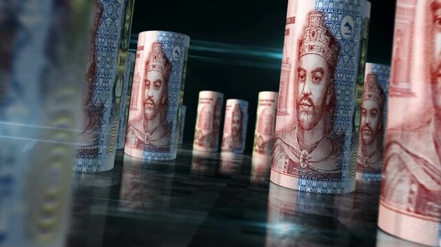 Tajikistan somoni Tajikistani money rolls loop 3d. Money on table. Seamless and loopable abstract concept of economy, finance and business. Camera between 100 TJS rolled banknotes.