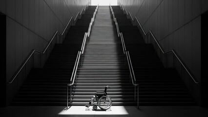 Obraz premium A wheelchair and a backpack on a staircase in a dark, empty hallway.