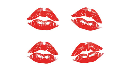 Fototapeta premium Four vibrant red lipstick kiss marks on a white background.