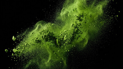 Fototapeta premium High-Speed Macro Shot of Vibrant Green Matcha Tea Powder Explosion Isolated on Black Background