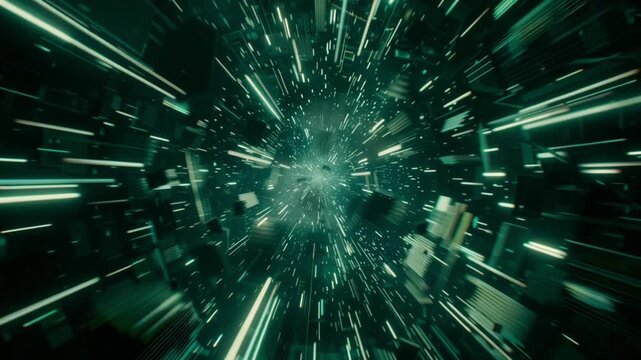 Futuristic green data tunnel with digital particles and speed motion loop