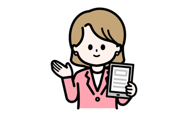 窓口や受付でDXツールを優しく案内する女性事務員のイラスト。接客マナーとタブレット操作の解説。