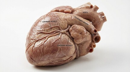 macro photograph of a human heart anatomy, highly detailed veins and arteries, realistic muscle texture, moist biological surface, studio lighting, clean white background