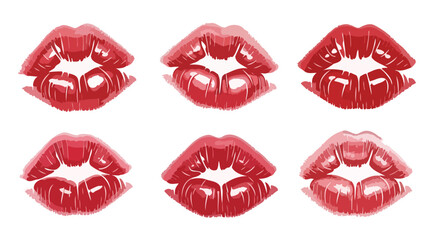 Six vibrant red lip prints showcasing various kiss marks.